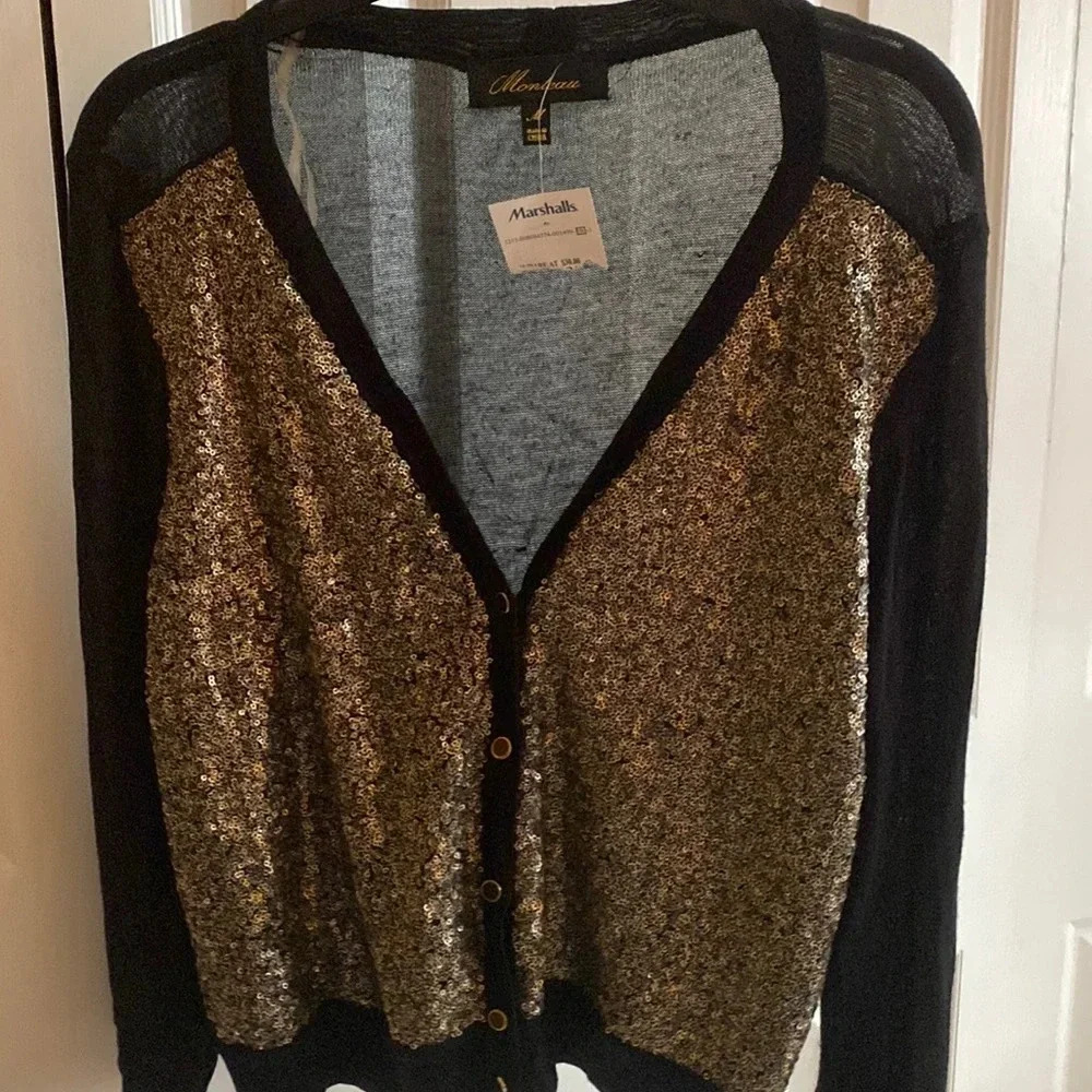 Monteau Black and Shiny Shiny Beads Open Front Sweater Size M